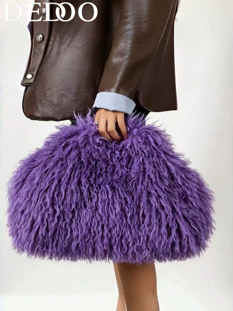 Dedoo Women's Plush Shoulder Tote Bag, Solid Color Long Faux Fur, Soft Lazy Design, Large Capacity, Y2K Vintage Style, Suitable For Daily Outings, Parties, Autumn/Winter Women's Bag - Purple - View 7