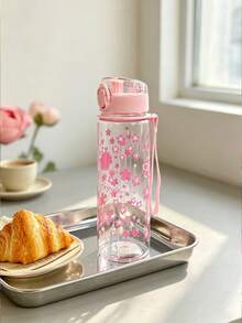 Garrafa De Água Com Padrão De Flor Rosa De 500ml, Copo De Água De Plástico Simples E Transparente, 1 Unidade - Rosa chiclete - Visão 8