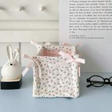 Strawberry Print Quilted Storage Basket, Bow Decor Foldable Fabric Storage Bin, Polka Dot Desktop Organizer, Home Vanity Clutter Storage Box - Multicolor - View 11