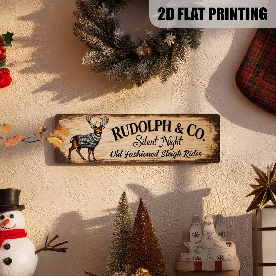 لوحة جدارية مسطحة 2D قطعة واحدة، لافتة زلاجة عتيقة ليلة عيد الميلاد الصامتة من Rudolph And Company، ديكور فني شتوي لعيد الميلاد، مقاس 5*16 بوصة (نمط عشوائي) - A - مشاهدة 1