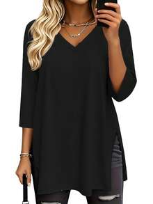 2pcs Plus Size Solid Color V-Neck Short Sleeve Casual Tops, Fashion Spring/Summer New Women's Loose Side Slit Mid-Length T-Shirts, Versatile Streetwear Everyday Tops - Black and White - View 4