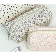 1pc Floral Print Canvas Pencil Case, Lightweight Zipper Stationery Storage Bag, Portable Pen Holder, Suitable For Storing Small Items In School And Office - Multiple Styles - View 3