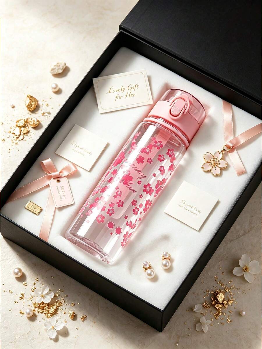 Garrafa De Água Com Padrão De Flor Rosa De 500ml, Copo De Água De Plástico Simples E Transparente, 1 Unidade