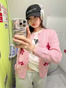 女款動物雪花提花鈕扣針織開襟衫，適合假期度假旅行 - 粉色 - 查看 5