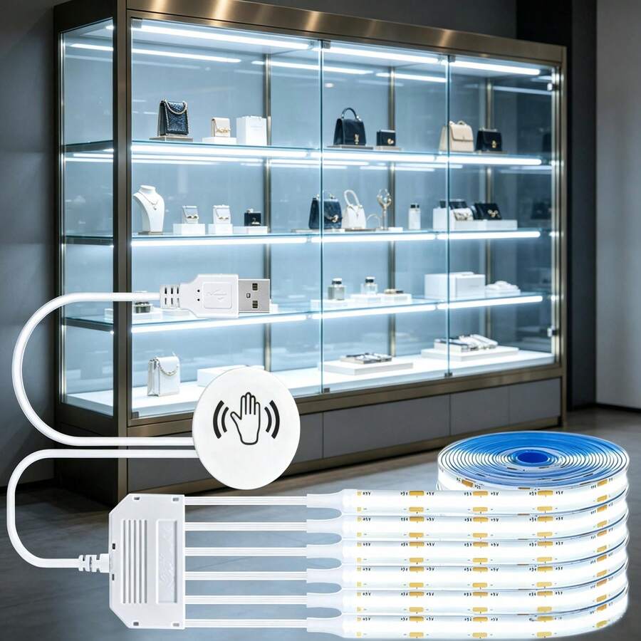 Hand Wave Activated COB LED Cabinet Lights, USB Powered, One Sensor Controls Multiple Light Strips, 2 Color Temperatures Flexible Cuttable LED Strips For Display Showcase, Wardrobe - White - View 1