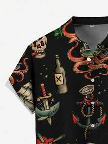 Men's Halloween Digital Print Turn-Down Collar Chest Pocket Vacation Fashion Vintage Casual Short Sleeve Shirt - Black - View 5