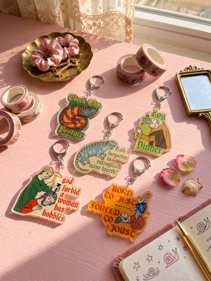 5Pcs Medieval Vintage Funny Meme & Humorous Quote Themed Acrylic Keychains, Including Snail Creature, Eating Frog, Cat Fireplace, Rabbit Knight Duel Designs, Fashionable Bag Charms, Suitable For Vintage Fans Gifts, Fun Collection, All Seasons - Multicolor - View 1