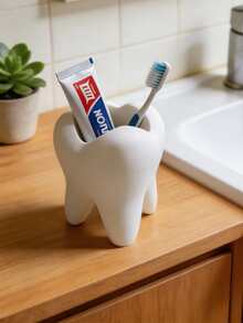 1pc Cute Tooth-Shaped Holder, Desktop Bathroom Storage Rack, Can Store Toothbrush, Toothpaste And Small Bathroom Accessories - White - View 4