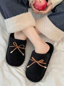 Women's Plush Bowknot Decor Closed-Toe Indoor Slippers, Soft Thick Sole Warm Cotton Bedroom Slippers For Autumn/Winter - Black - View 3