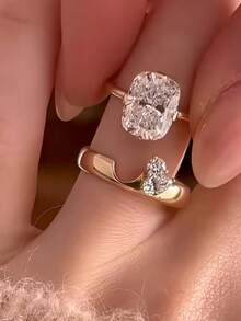 2pcs/Set, Elegant Gold-Plated Yellow Inlaid White Cubic Zirconia Stackable Women's Ring Set, December Birthstone, Luxury Wedding Holiday Party Daily Wear, Shiny And Durable Accessory - White - View 8