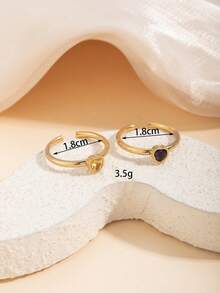 2pcs Stainless Steel Fashion Vintage Gold-Tone Open Ring Set, Inlaid With Pink And Blue Rhinestones, Suitable For Women's Daily Wear Or Gift Giving - Yellow Gold - View 4
