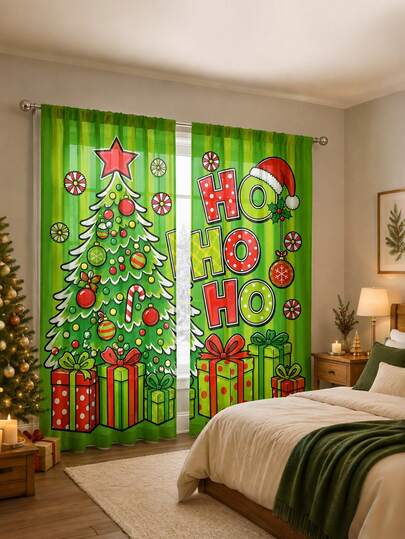 2Pcs Christmas Holiday Curtains, Cartoon Graffiti Christmas Tree HOHOHO Letter Print Pattern Curtains, Creative Fun Semi-Sheer Rod Pocket Holiday Window Decor, Suitable For Living Room And Bedroom, Rod Not Included, Machine Washable