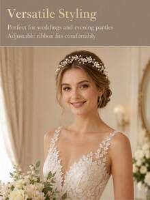 1pc 2-In-1 Rhinestone Pearl Leaf Bridal Sash & Headband, Adjustable Satin Ribbon Wedding Belt For Wedding Gown - Silver - View 3