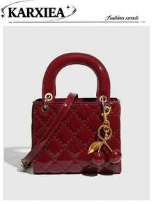 1pc PU Leather Handbag, Wine Red Bag, Versatile Patent Leather Quilted Tote Bag, Structured Small Bag, Fashionable Shoulder Crossbody Bag, Geometric Pattern Purse , New Year - Multicolor - View 3