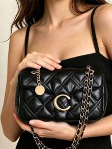 Women's Minimalist Black Hobo Shoulder Bag, Gold Letter Buckle, Adjustable Strap, Elegant Commute, Exquisite Daily - Black - View 2