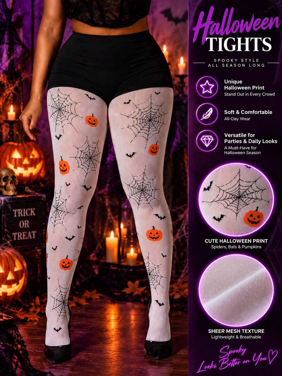 Women Plus Size Halloween Spider Web Pumpkin Bat Print Opaque Tights Pantyhose - Multicolor - View 1