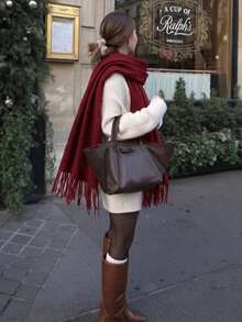 1PC Women's Simple Burgundy Solid Color Regular Style Faux Cashmere Scarf, Christmas Red Autumn/Winter College Style Pashmina Shawl, Suitable For Seasonal Transitions, Daily Wear, Windproof And Warm, New Year Gift - Burgundy - View 4