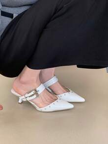 Women's Pointed Toe Double Buckle Half-Slip-On Mule Shoes, Fashionable Thin Heel Closed-Toe High Heels, White Premium Spliced Sexy Rivet Design - White - View 3