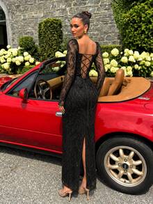 UNITHORSE [Random Cut] Square Neck Long Sleeve Cinched Waist Sequin Evening Dress - Black - View 3