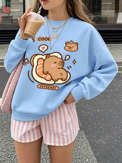1PC Girl Fun Elements & Cartoon Crew Neck Sweatshirt, Cute, Spring Autumn School Activities Personalized Style