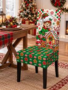 Gingerbread House Baking Elf Christmas Chair Cover, Mint Candy Cane Cookie Checkerboard Print, Sweet Holiday Kitchen Decor, Suitable For Family Feast, Winter Gathering And Christmas Party - Multicolor - View 4