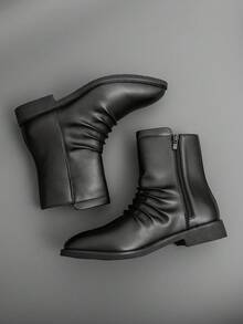 Black Pointed Toe Ankle Boots For Men, Shiny Finish With Unique Wrinkled Detail, Side Zipper Design, Business Casual Fashion, All-Season Footwear - Black - View 7