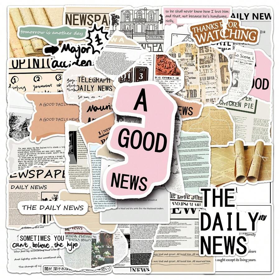 50Pcs Vintage Newspaper Sticker Pack, Waterproof Vinyl Torn Paper Decals, Retro News Text Stickers, DIY Decor For Junk Journal, Album, Envelope, Nostalgic Craft Gift