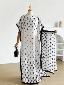1 Set Faux Silk Minimalist Premium Geometric Print Long Robe Set For Women, Beach Cover-Up Sun Protection Pullover Shawl With Satin Scarf, Perfect For Layering And Daily Wear - Multicolor - View 4