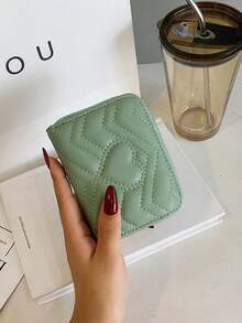 Women's Mint Green Quilted Accordion Card Wallet, Zipper Around Bifold Card Case With Heart Stitching, Multi Card Slots & Coin Pocket - Green - View 1