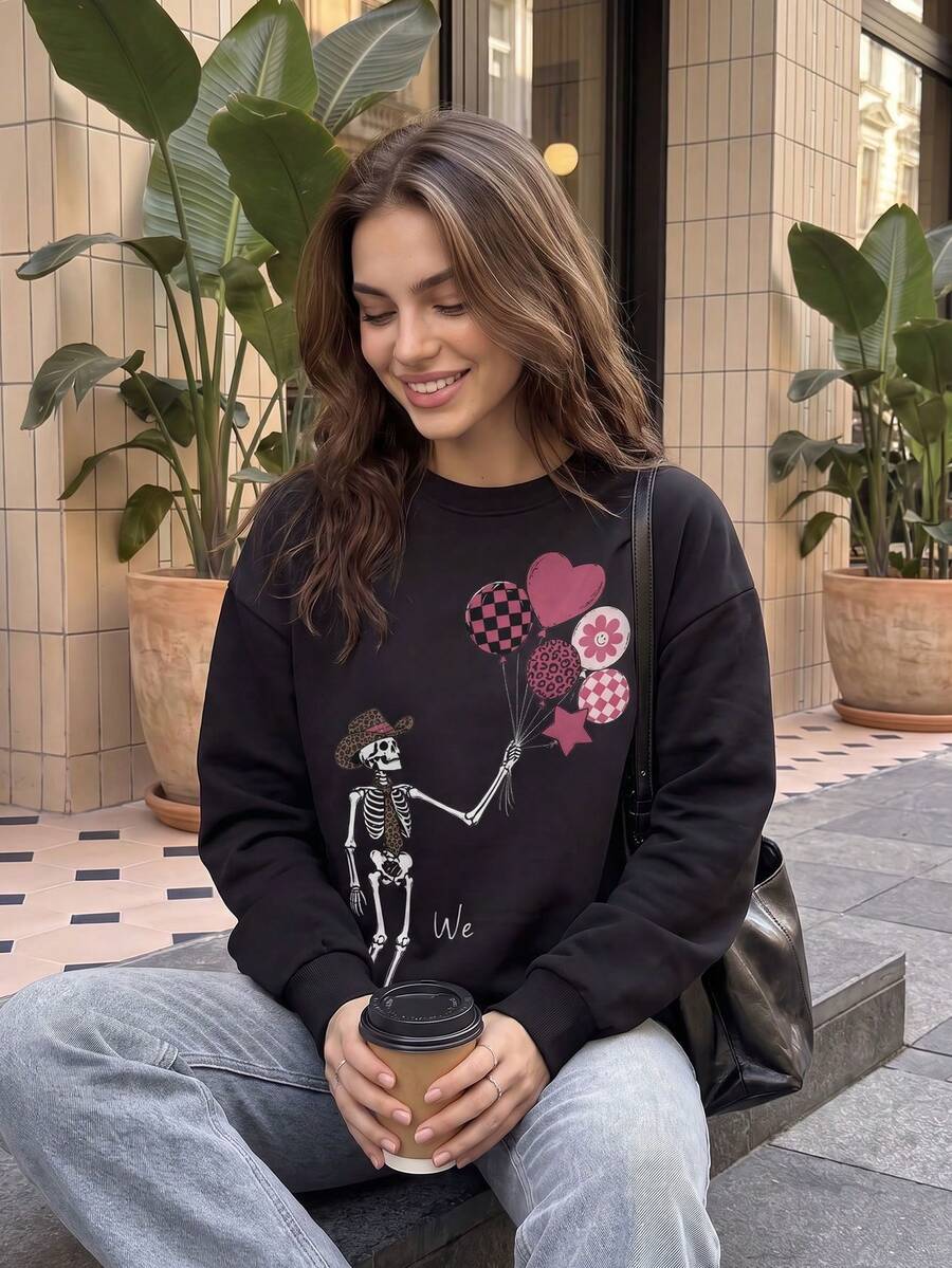 Women's Black Long Sleeve Crew Neck Pullover Sweatshirt With Ribbed Knit Details, Suitable For Autumn Casual Wear And Street Style - Black - View 1