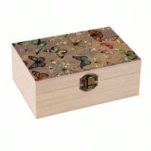 1pc[]Rhinestone Effect Colorful Butterfly Full Print Wooden Jewelry Box, With Metal Clasp, Layered Storage Design, Practical Multi-Functional Organizer Box, Suitable For Vanity Organization/Earring Necklace Storage/Stationery Storage/Collectible Storage/Gift Packaging/Souvenir Storage/Desktop Small Item Sorting, Beautiful And Durable, Modern Minimalist Pastoral Style - Multicolor - View 6