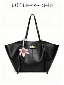 金色鎖扣刺繡花朵吊飾托特包，肩背手提包，鎖扣開合，溫柔復古奢華風，大容量翼形托特包，適合女性通勤、辦公、日常出行 - 黑色 - 查看 6