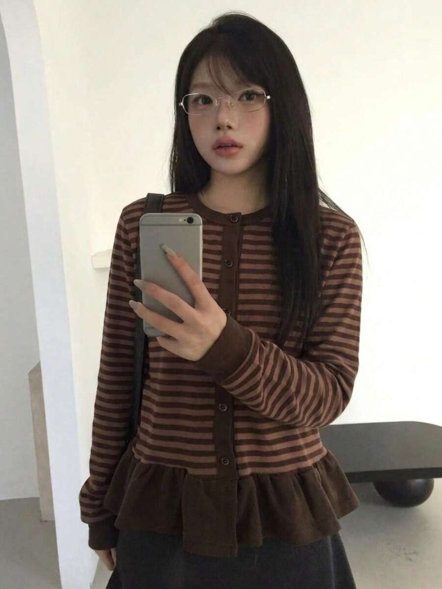 YCYC Autumn/Winter Street Vintage Striped V-Neck Loose Casual Versatile Top - Brown - View 1