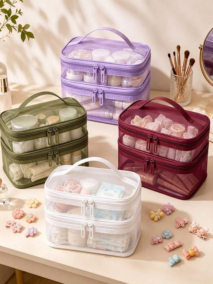 1pc Double-Layer Mesh Tote –Storage Bag For Hair Accessories/Puzzles/Toys, Zippered Toiletry Bag; Ideal For Nursery Organization And Travel Storage - Multicolor - View 1