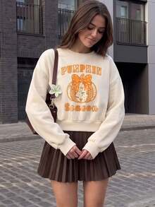 Women's Autumn "Pumpkin Season" Print Long Sleeve Cropped Pullover Sweatshirt, Round Neck Ribbed Knit Top, Suitable For Preppy Style - Apricot - View 1
