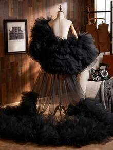 European & American Bride Fashion High-End Versatile Long Shawl Wedding Dress - Black - View 3