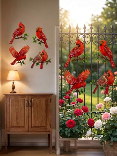 Juego de 4 decoraciones de pared de metal con cardenales, arte de pared colgante de estilo campestre americano con cardenales rojos en múltiples poses, escultura de pared resistente a la intemperie para interiores y exteriores, para jardín, patio trasero, patio, valla, casa de campo, sala de estar, cocina, entrada