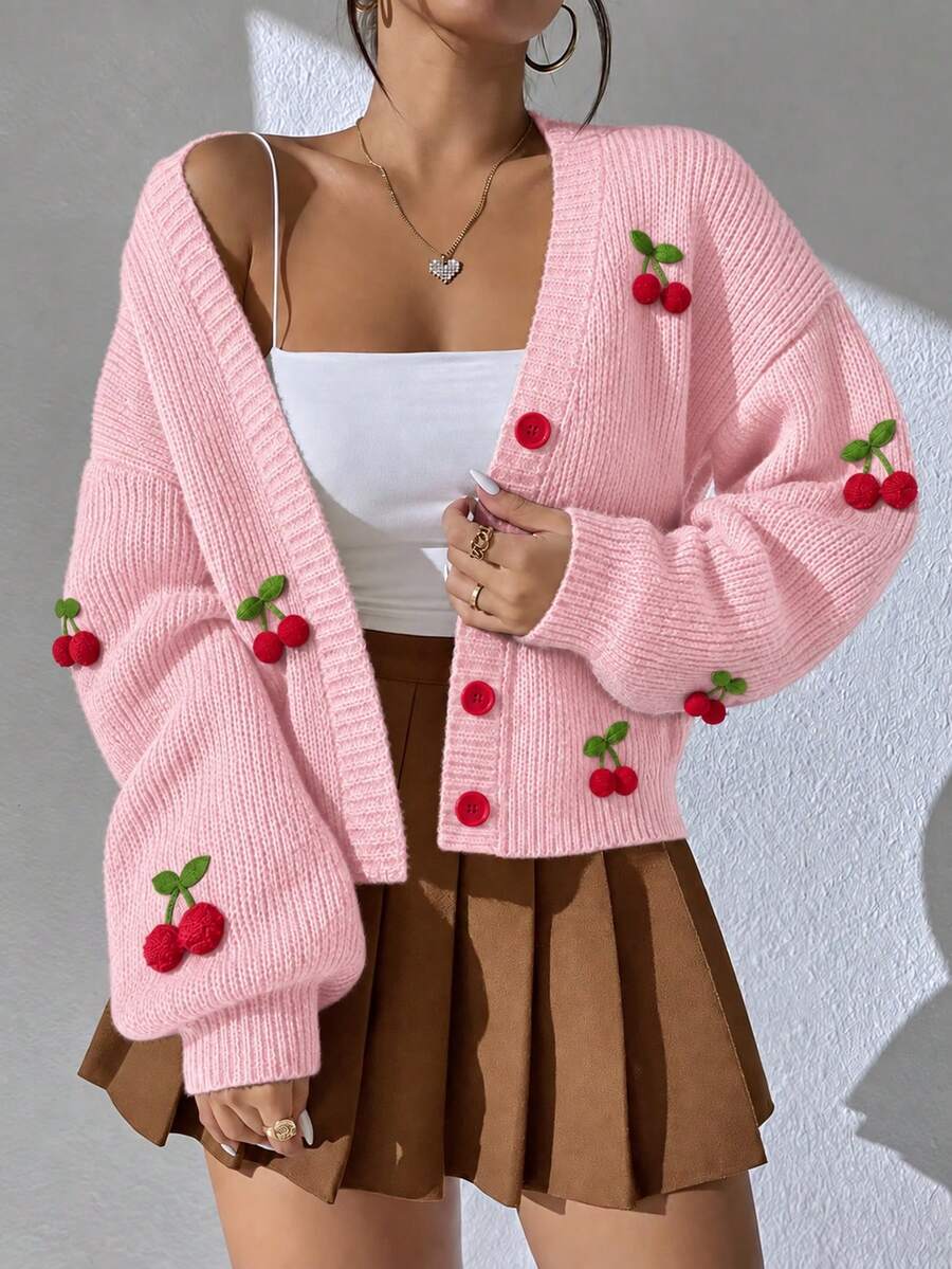 Women's Textured Knitted Cardigan With Cherry Embroidery And Button-Up Front, Autumn/Winter