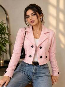 ​Blazer corto mujer manga larga doble botonadura elegante casual abrigo - Rosa - Ver 1