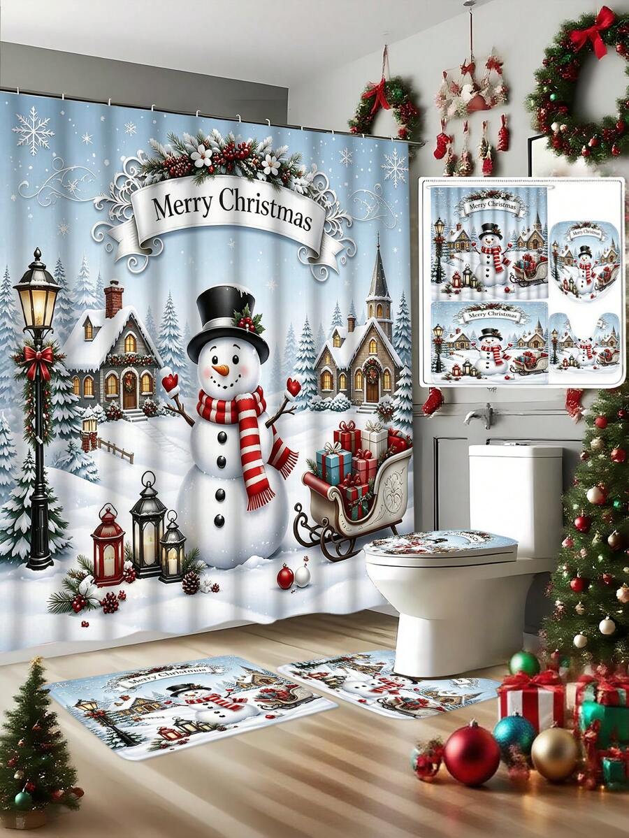 1/4pcs Christmas Snowman Shower Curtain Set, Christmas Tree Snowflake Pine Branch Winter Holiday Bathroom Curtain 180 X 180 Cm, Waterproof Mildew-Resistant Polyester Material, With 12 Hooks