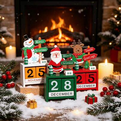 Christmas Wooden Flip Perpetual Calendar Decor, Santa Claus Snowman Reindeer 3 Styles Available, Manually Adjustable Date And Month, Desktop Decoration, Christmas Countdown Holiday Atmosphere Gift