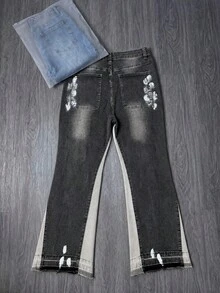 Men's Denim Jeans Flared Leg Jeans, Slim Fit Distressed Flare Leg Jeans, Y2K Stacked Jeans, Versatile Washed Embroidered Jeans For All Seasons - Black - View 4
