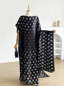 1 Set Faux Silk Minimalist Premium Geometric Print Long Robe Set For Women, Beach Cover-Up Sun Protection Pullover Shawl With Satin Scarf, Perfect For Layering And Daily Wear - Multicolor - View 3