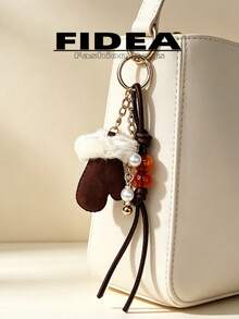 New Women's Plush Mini Glove Pendant, Vintage Amber Bead Woven Hanging Rope With Pearl Bell Chain Accessory, Exquisite And Compact With Atmospheric Vibe, Suitable As Bag Charm, Personalized Decoration, Daily Outfit Matching, Gift Or Personal Use, Versatile For Multiple Occasions - Multicolor - View 5