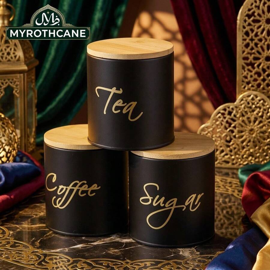 MYROTHCANE Tea Coffee Sugar Canisters Set Of 3, Matte Black Metal Kitchen Canisters With Bamboo Lids, Airtight Decorative Food Storage Containers For Countertop And Pantry Organization