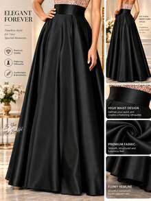 Autumn/Winter Elegant Women's Long Black Woven A-Line Full Skirt, Suitable For Formal Occasions, Balls Or As Evening Gown Bottom, Minimalist Satin Evening Skirt For Annual Meeting, Banquet, Versatile Fashion Pleated Skirt - Black - View 5