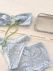 Women's Classy Blue Floral Bandeau Swim Set. Perfect For Spring And Summer Seaside Trips, It Is An Ideal Pick For Holiday Beach Wear. - Multicolor - View 3