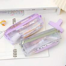 1pc Pink Transparent Square Mesh Pencil Case, Lightweight And Practical, Suitable For Office Desk, Portable Storage Bag, Large Capacity Makeup Brush Bag, Random Color, Random Packaging - A - View 5