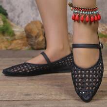 New Hollow Out Breathable Women's Pointed Toe Flat Shoes With Buckle Strap, Comfortable Versatile Women's Shoes - Black - View 3