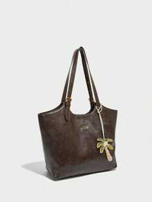 Vintage Distressed Soft Leather Shoulder Bag, Large Capacity With Gold Adjustable Buckle Strap, Detachable Braided Coconut Tree Charm, Soft Wrinkled Texture, Open Top, Fits Books And Tablets, Suitable For Commuting, Students, Classes And Travel, Retro Vibe - Coffee Brown - View 2